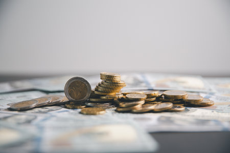 Save invest money in stock coin market, Business growth, financial strategies and banking expertise to income substantial stack of investment capitalize on trade opportunities within economy return.の写真素材