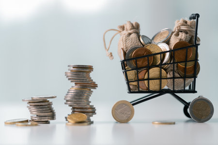Business save money coin growth concept involves strategic financial management investment loan bank real estate economic development encourage buy income stack investment economy return accountancyの写真素材