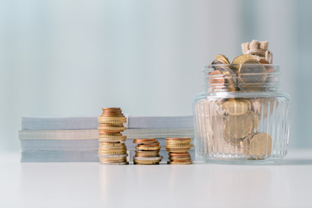 Business save money coin growth concept involves strategic financial management investment loan bank real estate economic development encourage buy income stack investment economy return accountancyの写真素材