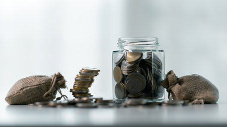 Business save money coin growth concept involves strategic financial management investment loan bank real estate economic development encourage buy income stack investment economy return accountancyの写真素材