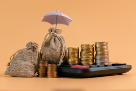 Insurance background money coin concept business protection finance sale financial investment buy automobile purchase loan deal agent rent rental premium assurance save banking tax return calculationの写真素材