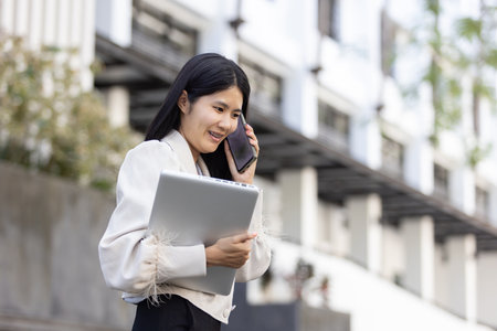 Future remote work combines technology smart phone connection online white digital business woman enable e-learning productivity while travel blend comfort modern devices serenity computer equipmentの写真素材