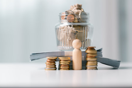 Business save money coin growth concept involves strategic financial management investment loan bank real estate economic development encourage buy income stack investment economy return accountancyの写真素材
