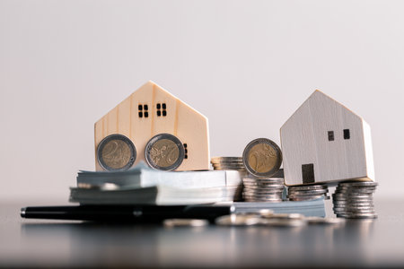 Business home concept involves strategic financial management money coin save bank real estate economic loan investment development growth encourage accountancy buy income stack investment economyの写真素材