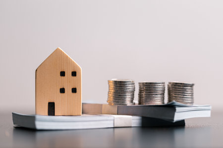 Business home concept involves strategic financial management money coin save bank real estate economic loan investment development growth encourage accountancy buy income stack investment economyの写真素材