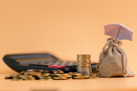 Insurance background money coin concept business protection finance sale financial investment buy automobile purchase loan deal agent rent rental premium assurance save banking tax return calculationの写真素材