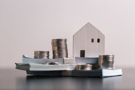 Business home concept involves strategic financial management money coin save bank real estate economic loan investment development growth encourage accountancy buy income stack investment economyの写真素材