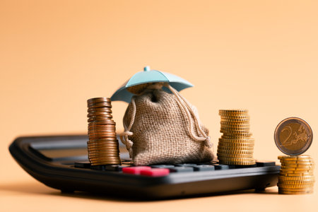 Insurance background money coin concept business protection finance sale financial investment buy automobile purchase loan deal agent rent rental premium assurance save banking tax return calculationの写真素材