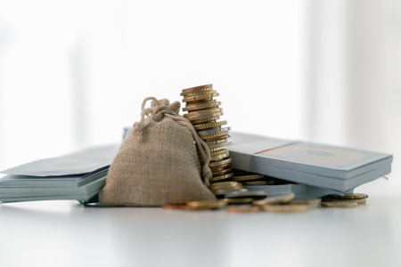 Business save money coin growth concept involves strategic financial management investment loan bank real estate economic development encourage buy income stack investment economy return accountancyの写真素材