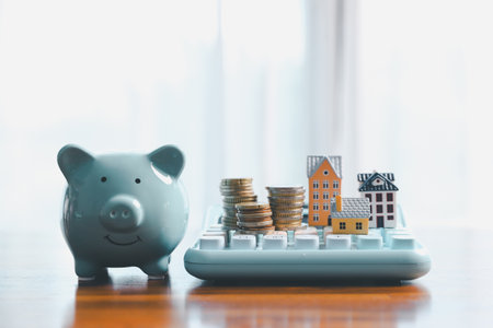 Concept of saving money involves finance, calculating tax, loan and bank services, coins and business strategies. growth encourage accountancy save buy income stack investment economy returnの写真素材