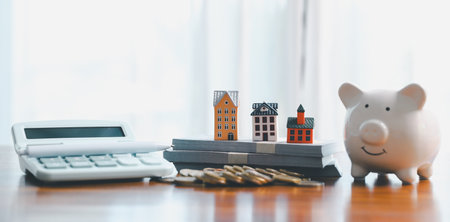 Concept of saving money involves finance, calculating tax, loan and bank services, coins and business strategies. growth encourage accountancy save buy income stack investment economy returnの写真素材