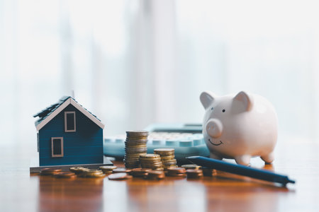 Concept of saving money involves finance, calculating tax, loan and bank services, coins and business strategies. growth encourage accountancy save buy income stack investment economy returnの写真素材