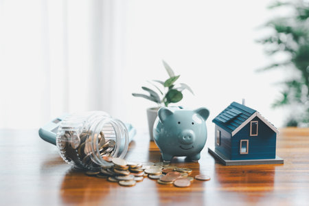 Business home concept involves strategic financial management money loan investment bank real estate economic development growth encourage accountancy save buy income stack investment economy returnの写真素材