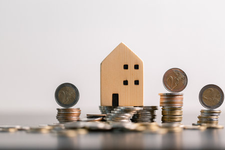 Business home concept involves strategic financial management money coin save bank real estate economic loan investment development growth encourage accountancy buy income stack investment economyの写真素材