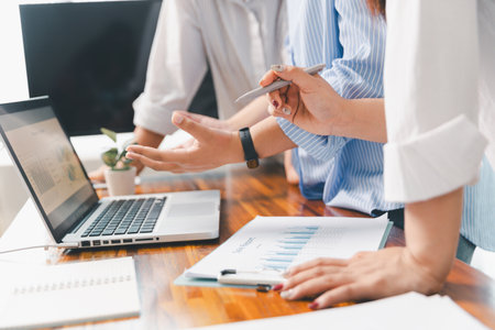Teamwork meeting, business people in office workplace. Collaboration, technology and worker,...