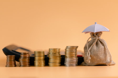 Insurance background money coin concept business protection finance sale financial investment buy automobile purchase loan deal agent rent rental premium assurance save banking tax return calculationの写真素材