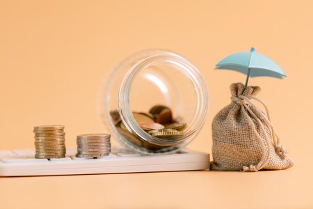 Insurance background money coin concept business protection finance sale financial investment buy automobile purchase loan deal agent rent rental premium assurance save banking tax return calculationの写真素材