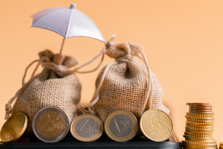 Insurance background money coin concept business protection finance sale financial investment buy automobile purchase loan deal agent rent rental premium assurance save banking tax return calculationの写真素材