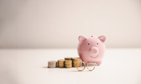 Save money for wedding and planning wedding concept. Sustainable financial goal for family life or married life. Miniature wedding on rows of rising coins, depicts savings or growth for new family.の写真素材