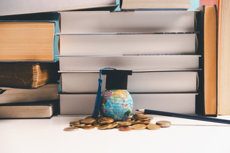 Concept of saving money for education, student loan, scholarship in future. Piggy bank with graduation hat, stack of coins. Earth globe with graduation hat, dollar banknotes on table.の写真素材
