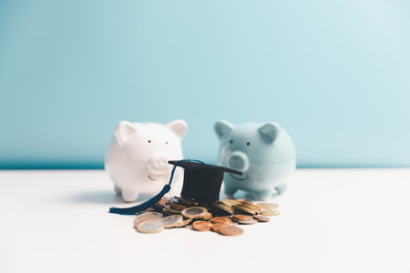 Concept of saving money for education, student loan, scholarship in future. Piggy bank with graduation hat, stack of coins. Earth globe with graduation hat, dollar banknotes on table. Tuition feesの写真素材