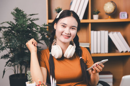 Asian girl doing homework and studying at home. woman using laptop at desk write notes watching webinar, study online, look at learn web class or having virtual call meeting remote working from home.の写真素材