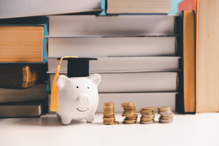 Concept of saving money for education, student loan, scholarship in future. Piggy bank with graduation hat, stack of coins. Tuition feesの写真素材