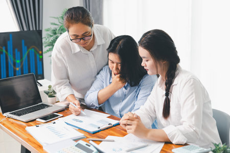 Teamwork meeting, business people in office workplace. Collaboration, technology and worker, employees with touchscreen planning sales, research or financial strategy, staff for conversation, graphの写真素材