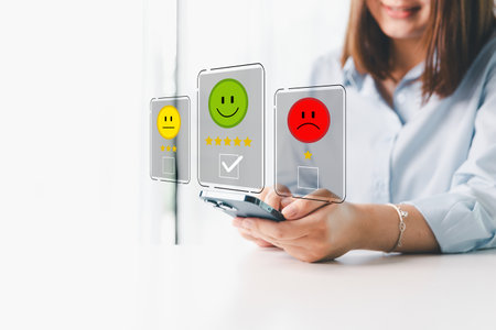 Customer service evaluation concept. Client feedback from marketing survey excellent service and quality satisfaction, customers can evaluate quality of service leading to business reputation rating.の写真素材