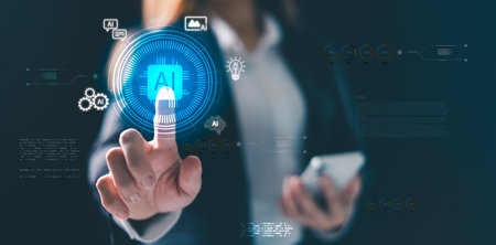 Artificial intelligence technology concept with hand touching AI icons digital interface, symbolizing innovation, automation, machine learning, data processing and smart systems. ai intelligence.の写真素材