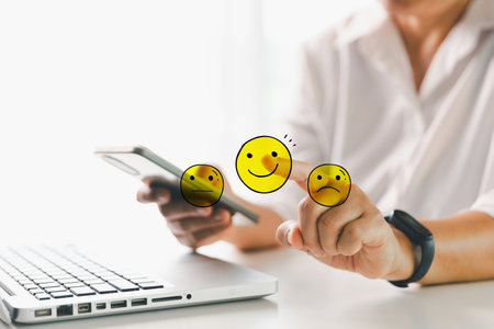 Customer showing rating with happy icon, Customer satisfaction survey concept, Positive feedback from happy client satisfaction with quality of service, marketing surveys, ratings, review, copy spaceの写真素材