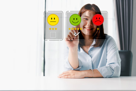 Customer service evaluation concept. Client feedback from marketing survey excellent service and quality satisfaction, customers can evaluate quality of service leading to business reputation rating.の写真素材