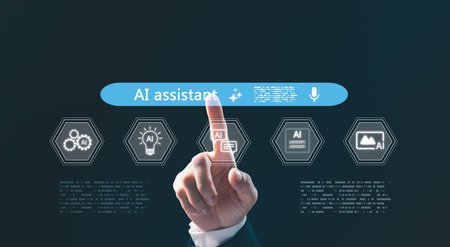 AI powered assistance. user interacting with virtual AI assistant interface on mobile, laptop, tablet icons for voice, text, image, video generation, representing smart technology, productivity toolsの写真素材