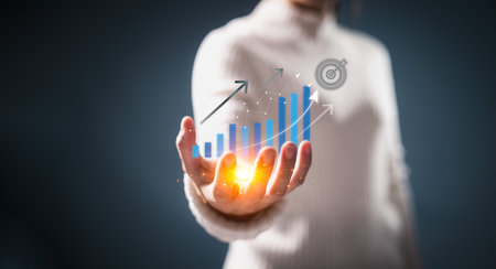 Business goal achievement and growth success. chart with upward arrows and target center symbolizes business planning, strategic development, performance aimed future success. achievement growthの写真素材