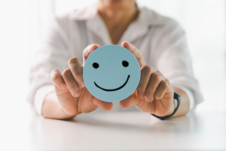 Client show feedback, smiley face sign. Service rating, satisfaction concept. happy smile face, good feedback rating, positive customer review, experience, satisfaction survey, smiley mental health.の写真素材