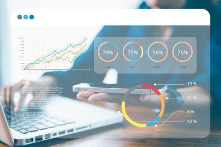 Modern technology in hand, businesses harness data, statistics and graphs to drive financial analysis and progress. technology, statistic, data, analysis, modern, progress, business, financial, graphの写真素材