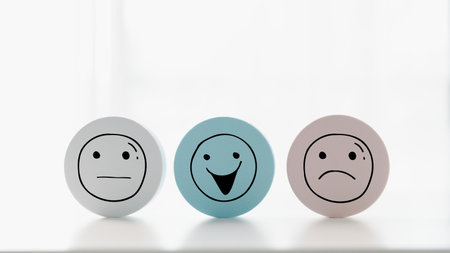 Customer showing rating with happy icon, Customer satisfaction survey concept, Positive feedback from happy client satisfaction with quality of service, marketing surveys, ratings, review, copy spaceの写真素材
