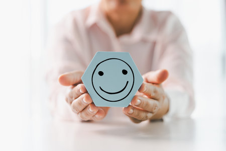 Client show feedback, smiley face sign. Service rating, satisfaction concept. happy smile face, good feedback rating, positive customer review, experience, satisfaction survey, smiley mental health.の写真素材