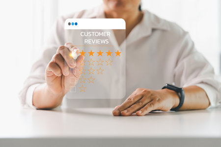 Customer or client with stars to complete five stars. Product or service review ideas from customer, reviews from customer and service of store to express satisfaction, increase credibility of store.の写真素材