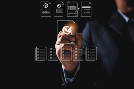 Woman using tablet, laptop futuristic digital interface icons manages checklist online quality control document management system streamlining workflow approval, advanced concept of modern efficiencyの写真素材