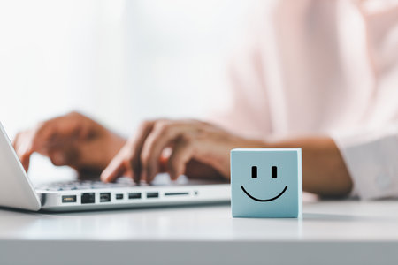 Client show feedback, smiley face sign. Service rating, satisfaction concept. happy smile face, good feedback rating, positive customer review, experience, satisfaction survey, smiley mental health.の写真素材