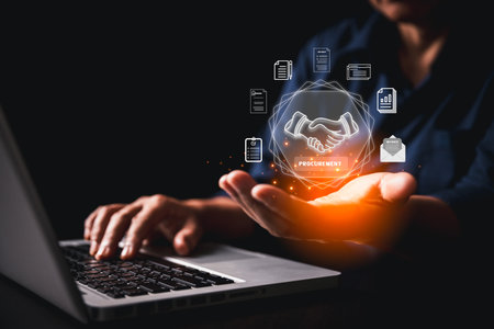 Modern procurement, smart digital interface featuring handshake icon symbol agreement businessmen, streamlining contract document workflow integrated business solutions advanced supply chain systems.の写真素材