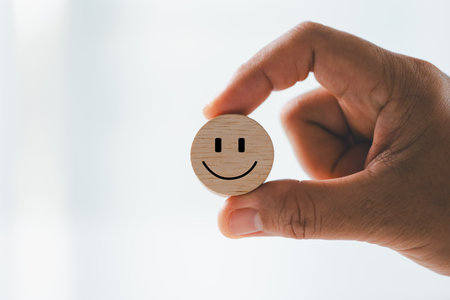Client show feedback, smiley face sign. Service rating, satisfaction concept. happy smile face, good feedback rating, positive customer review, experience, satisfaction survey, smiley mental health.の写真素材