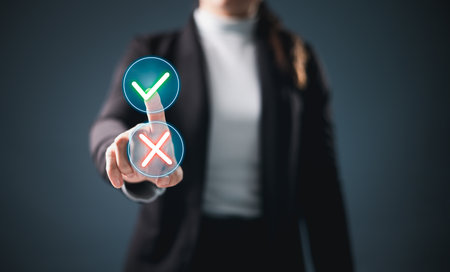 Checkmark and cross icons, symbolizing decision making and approval or rejection actions. digital business interface, technology enables selection and decision making to choose approval and rejectionの写真素材