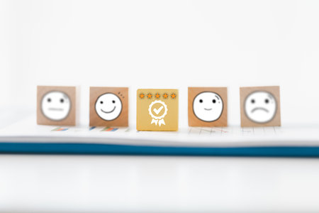Customer showing rating with happy icon, Customer satisfaction survey concept, Positive feedback from happy client satisfaction with quality of service, marketing surveys, ratings, review, copy spaceの写真素材