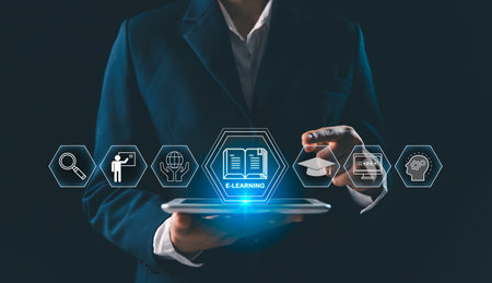Concept of online education, e-learning, digital courses, leverages internet to provide training...