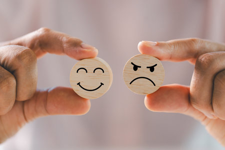 Customer showing rating with happy icon, Customer satisfaction survey concept, Positive feedback from happy client satisfaction with quality of service, marketing surveys, ratings, review, copy spaceの写真素材