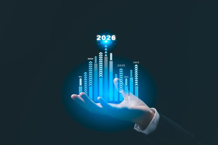 Business growth strategy for 2026. Businesswoman points ahead, symbolizing future success, company development, and business planning, driven by motivation and opportunity for the upcoming year.の写真素材