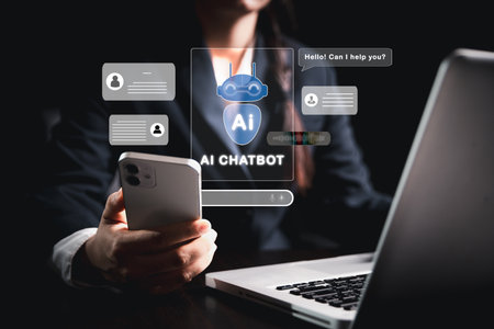Businesswoman uses chatbot powered by AI technology and artificial intelligence to chat and converse...