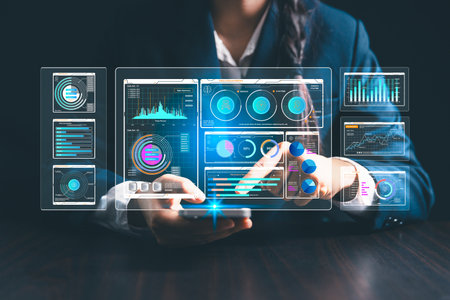 Woman in business uses computers and internet technology to perform SEO analysis, optimizing...